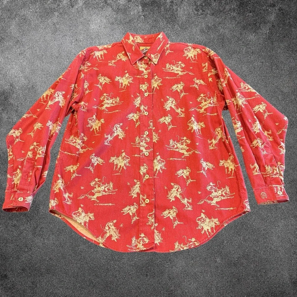VNTG Barn Fly Western Shirt Medium Red Cowboy Rodeo Print Button Up 100% Cotton